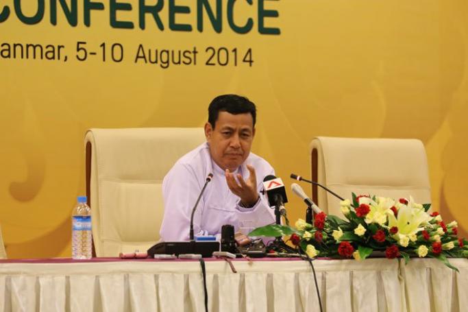 Information Minister U Ye Htut says due process has to be followed before the media can be in a position to criticise the ongoing detention of a photojournalist. Here U Ye Htut speaks during a press conference in Nay Pyi Taw on August 8, 2014. Photo: Hong Sar/Mizzima
