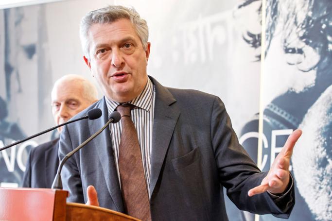 UN High Commissioner for Refugees (UNHCR), Italian Filippo Grandi (R) speaks to the media during a press briefing after the Pledging Conference for the Rohingya Refugee Crisis, at the European headquarters of the United Nations in Geneva, Switzerland, 23 October 2017. Photo: Salvatore Di Nolfi/EPA-EFE
