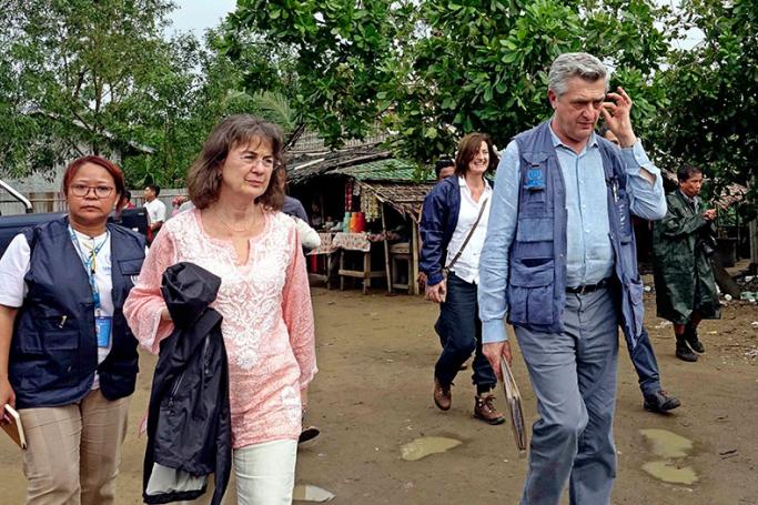 UN High Commissioner for Refugees, Filippo Grandi (R), arrives at the Dar Paing Muslim Internally Displaced Persons (IDP) camp in Sittwe, Rakhine State, western Myanmar, 02 July 2017. Photo: Nyunt Win/EPA
