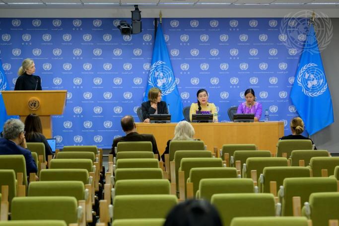 A press briefing is held with Women Human Rights Defenders from Myanmar. Participants are: Mona Juul (left at dais), Permanent Representative of Norway to the UN, along with May Sabe Phuy (centre), from the Woman Advocacy Coalition Myanmar; and Naw Hser Hser (right), from Women’s League of Burma. Photo: UN
