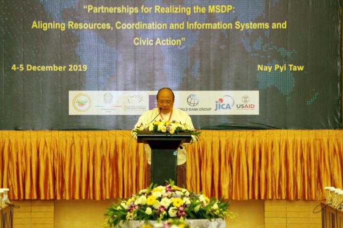 Myanmar Union Minister of Investment and Foreign Economic Relations U Thaung Tun speaks the event. Photo: MIFER