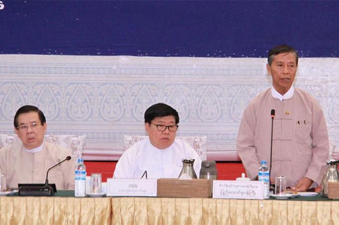 Union Minister of Planning and Finance Kyaw Win speaks at a meeting held at UMFCCI in Yangon on 13 June. Photo: UMFCCI
