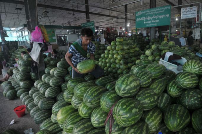 A fruit vendor sorts watermelon at a wholesale market in Yangon. Photo: AFP
