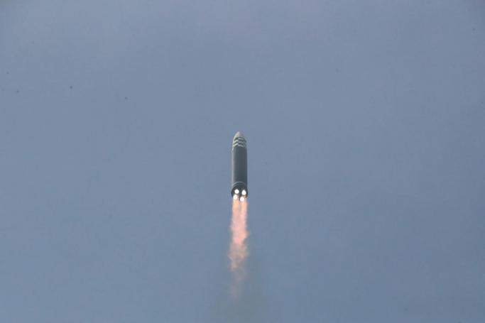 This picture taken on March 24, 2022 and released from North Korea's official Korean Central News Agency (KCNA) on March 25, 2022 shows the test launch of what state media reports a new type inter-continental ballistic missile (ICBM), the Hwasongpho-17 of North Korea's strategic forces in an undisclosed location in North Korea. Photo: AFP