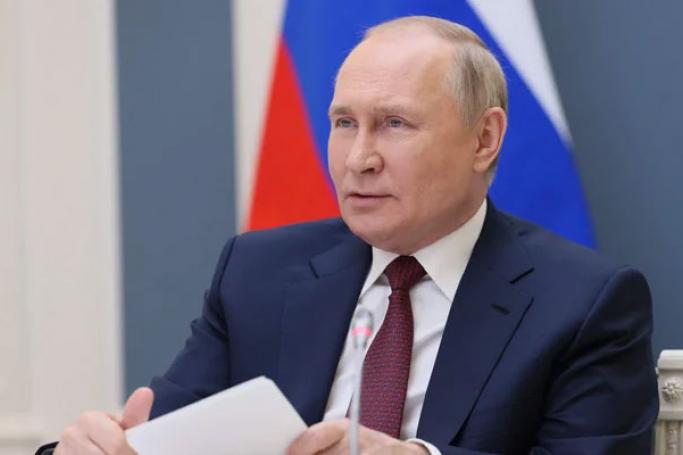Russian President Vladimir Putin takes part in an economic forum of former Soviet countries held in Bishkek, via a video link in Moscow on May 26, 2022. Photo: AFP   