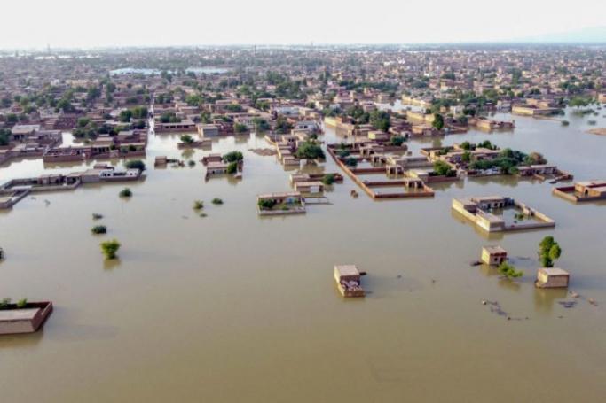 This aerial view shows a flooded residential area after heavy monsoon rains in Balochistan province on Aug. 29, 2022. Photo: AFP