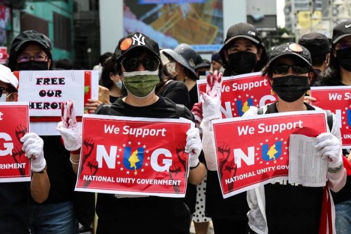 Anti-coup protesters show their support for Myanmar's National Unity Government. Photo: AFP