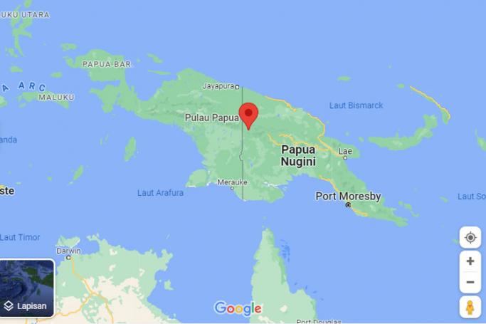 A screen grab from Google map showing map of Papua in Indonesia and Papua New Guinea. Photo: Google maps