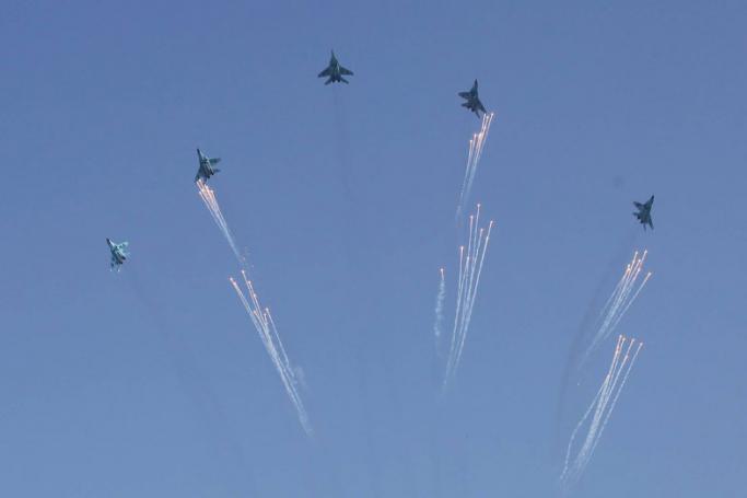 Myanmar junta fighter jets perform during a ceremony to mark the 75th anniversary of the country's Union Day in Naypyitaw on Feb. 12. Photo: AFP