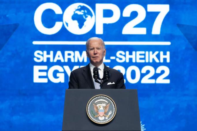 President Joe Biden delivers a speech Friday at the COP27 summit in Sharm el-Sheikh, Egypt. Photo: AFP