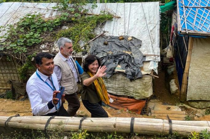 United Nations Special Envoy on Myanmar Noeleen Heyzer [right] visits a Rohingya refugee camp in Ukhia, Bangladesh, on Aug. 23, 2022. Photo: AFP