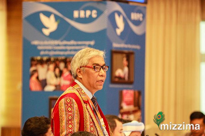 UPDJC vice chairperson Dr Salai Hlyan Hmone speaks the opening speech of the 15th UPDJC meeting held in NRPC Centre in Nay Pyi Taw on June 29. Photo: Min Min/Mizzima
