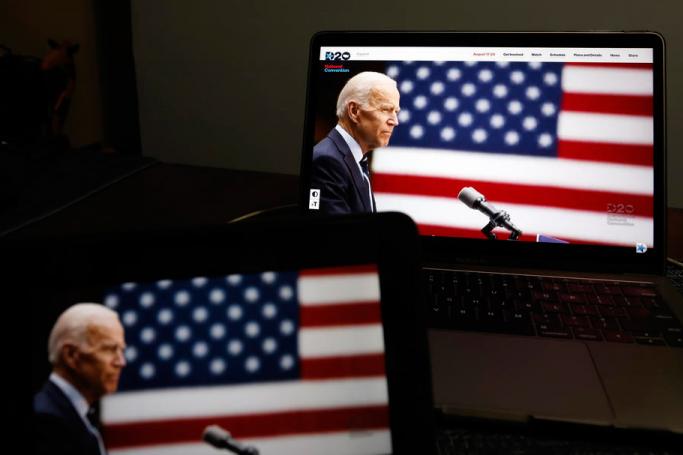 Democratic Presidential nominee Joe Biden, displayed on a computer, speaks during the Democratic National Convention, in New York City, 18 August 2020. Photo: EPA