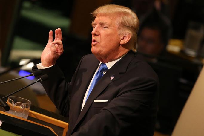 US President Donald J. Trump addresses the audience during the opening of the General Debate of the 72nd United Nations General Assembly at at UN headquarters in New York, New York, USA, 19 September 2017. Photo: Peter Foley/EPA
