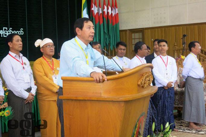 USDP Chairman Than Htay speaks at a ceremony held in Napyitaw at the party HQ on 5 March. Photo:  Aung Myat Thu/Mizzima
