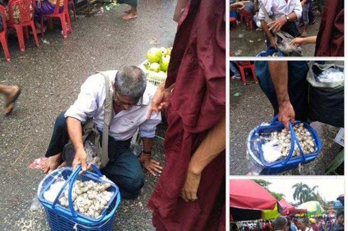 These photos, posted on Facebook, purportedly show vendor Aung Than in the process of being forced to move on. Photo: Facebook
