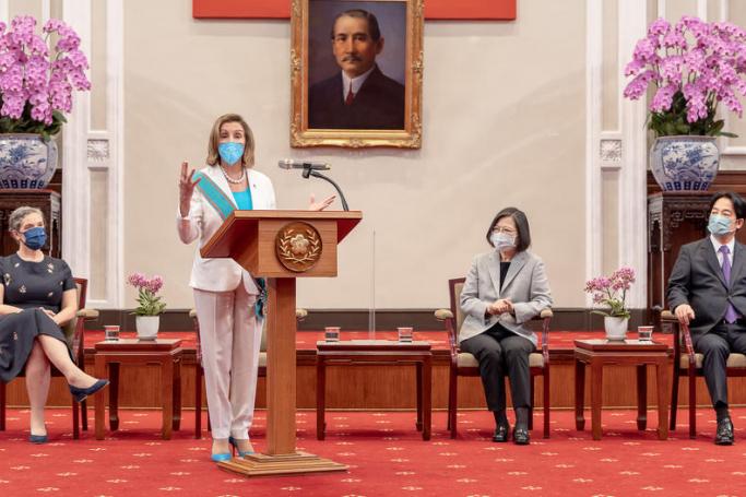 A handout photo made available by the Taiwan Presidential office shows US House Speaker Nancy Pelosi (2-L) delivering her speech as Taiwan President Tsai Ing-wen (2-R) looks on during their meeting at the Presidential Palace in Taipei, Taiwan, 03 August 2022. Photo: EPA