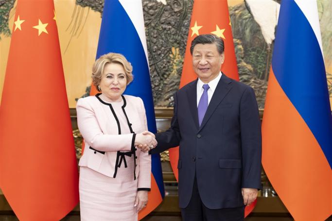 Chinese President Xi Jinping (R) meets with visiting Russian Federation Council Speaker Valentina Matviyenko at the Great Hall of the People in Beijing, China, 10 July 2023. Photo: EPA
