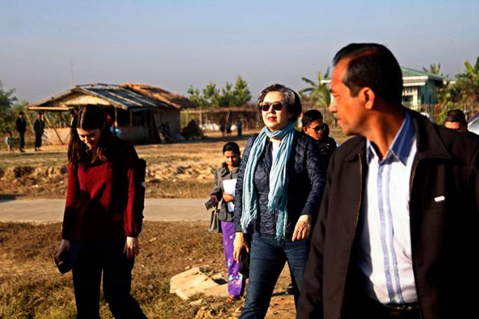 Coming soon - Yanghee Lee (C), the United Nations Special Rapporteur on the situation of human rights in Myanmar, seen here on a previous trip to Rakhine State in January. Photo: Nyunt Win/EPA

