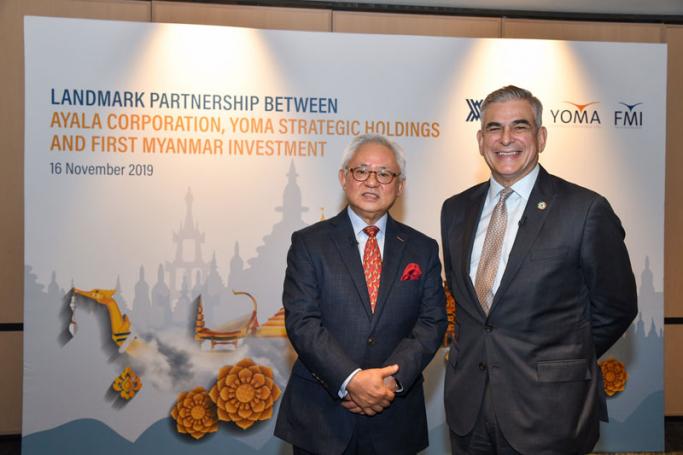 Serge Pun, Executive Chairman of Yoma Strategic and FMI, left, with Jaime Augusto Zobel de Ayala, Chairman and CEO of Ayala, at the press conference in Singapore.