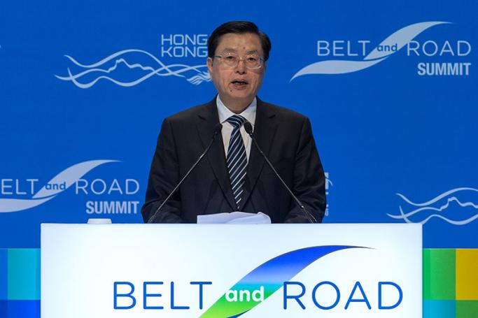 China's Chairman of the Standing Committee of the National People's Congress Zhang Dejiang delivers the keynote speech at the Belt and Road Summit in the Hong Kong Convention Centre in Hong Kong, China, 18 May 2016. Photo: Jerome Favre/EPA
