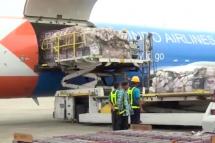 An aircraft carrying emergency aid and relief items donated by the ASEAN Member States for the Cyclone Mocha-affected people in Myanmar landed at the Yangon International Airport on June 26. Photo: MITV