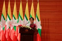 Myanmar's State Counselor Aung San Suu Kyi gives a speech on the government's efforts with regard to national reconciliation and peace in Nay Pyi Taw on 19 September 2017. Photo: Min Min/Mizzima
