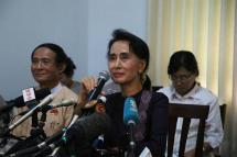 Myanmar opposition leader Aung San Suu Kyi talks to the media during a press conference in Nay Pyi Taw, Myanmar on 11 July 2015. Photo: NLD
