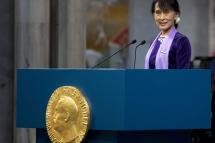 (File) In this file photo taken on June 16, 2012, Aung San Suu Kyi delivers her Nobel speech during the Nobel ceremony at Oslo's City Hall. Photo: AFP