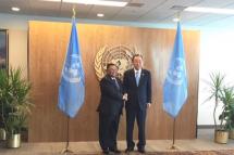 U.N. Secretary-General Ban Ki-moon (right) meets with Myanmar's Foreign Minister Wunna Maung Lwin ahead of the United Nations General Assembly at the U.N. headquarters in New York Thursday. Photo: MNA
