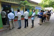 People queue to cast their votes outside a polling station in Phnom Penh, Cambodia, 23 July 2023. Photo: EPA