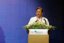 (File) Cardinal Charles Maung Bo speaks during the Advisory Forum on National Reconciliation and Peace in Myanmar at Thingaha Hotel in Naypyitaw, Myanmar, 07 May 2019. Photo: EPA