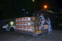 Photo shows the boxes of PPE donated by Chinese People’s Liberation Army to Myanmar Tatmadaw to fight against COVID-19. Photo: Office of C-in-C of Defence Services