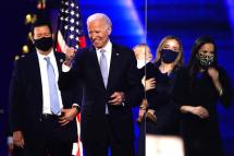 President-elect Joe Biden (C) on stage during a celebratory event held outside of the Chase Center in Wilmington, Delaware, USA, 07 November 2020. Photo: EPA