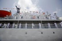 Previous visit - Chinese naval officers line up on deck as Chinese Navy training vessel 'Zheng He' arrives Myanmar International Terminals at the Thilawa port of Yangon, Myanmar, 23 May 2014. Photo: Lynn Bo Bo/EPA
