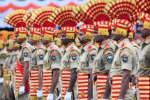 Indian servicemen stand in colourful formation during Independence Day celebrations. Photo: Biju Boro/AFP