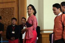 NLD Chairperson Daw Aung San Suu Kyi walks during a parliament session in Nay Pyi Taw on 1 February 2016. Photo: Thet Ko/Mizzima
