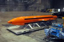 (FILE) A handout photo made available by the US Department of Defense (DoD) shows a GBU-43 Massive Ordnance Air Blast (MOAB) bomb being prepared for testing at the Eglin Air Force Armament Center, Florida, USA, on 11 March 2003. Photo: Department of Defense/EPA
