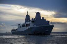 This US Navy handout photo released on August 18, 2021, shows the amphibious transport dock ship USS Arlington (LPD 24) as it departs Naval Station Norfolk, supporting humanitarian assistance and disaster relief (HADR) efforts in Haiti following a 7.2-magnitude earthquake on August 14, 2021. Photo: AFP