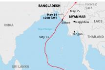 The track and forecast track of Cyclone Mocha as of May 14, the Bay of Bengal's first cyclone of the year. - AFP