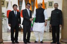 (File) Indian Defense Minister Rajnath Singh (2-R), Japanese Defense Minister Taro Kono (2-L), Indian Foreign Minister S. Jaishankar (R), and Japanese counterpart Toshimitsu Motegi (L) pose prior to a 2+2 meeting in New Delhi, India, 30 November 2019. Photo: EPA