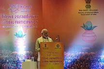 Indian Prime Minister Narendra Modi speaks to foreign delegates from 188 countries who attended a special event in Delhi in the wake of their visit to the Kumbh Mela. Photo: Mizzima