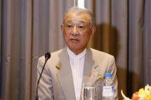 (File) Nippon Foundation Chairman Yohei SasaKawa talks to media during a joint news conference with the chairmen of the New Mon State Party (NMSP) and the Lahu Democratic Union (LDU), in Naypyitaw, Myanmar, 12 February 2018. Photo: EPA