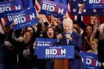 (File) US Democratic presidential candidate, former Vice President Joe Biden (C, front), reacts as he addresses supporters during his Nevada post-caucus rally in Las Vegas, Nevada, USA, 22 February 2020. Photo: EPA