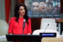 Lebanese-British barrister Amal Clooney addresses the meeting on Press Behind Bars: Undermining Justice and Democracy on the sidelines of the General Debate of the 73rd session of the General Assembly of the United Nations at United Nations Headquarters in New York, New York, USA, 28 September 2018. Photo: Jason Szenes/EPA