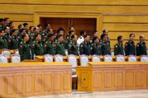 Military representatives attend a regular session of the Union Parliament in Naypyitaw, Myanmar, 05 February 2019. Photo: Hein Htet/EPA