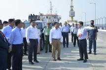 Chairman of the State Administration Council Prime Minister Senior General Min Aung Hlaing, together with SAC members, Rakhine State Chief Minister U Htein Lin, Western Command Commander Maj-Gen Htin Latt Oo and officials, inspected the Kaladan Multimodal Transit Transport Project in Sittway Township of Rakhine State yesterday. Photo: MNA