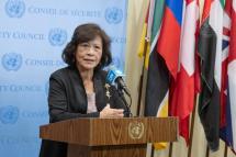Noeleen Heyzer, Special Envoy of the Secretary-General on Myanmar, briefs reporters at UN Headquarters on March 16, 2023. UN Photo/Eskinder Debebe