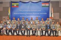 Officials pose for the documentary photo at the bilateral meeting between Myanmar and India on Drug Control Cooperation. Photo: Police Information and Public Relation
