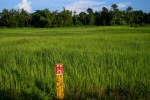 A sign marking the location of an underground gas pipeline along a rice paddy in Kyaukphyu, Rakhine State. Photo: Ye Aung Thu/AFP